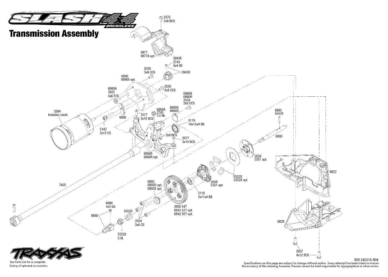 Slash 4X4 Brushless (68154-4) Transmission Assembly Exploded View Slash 4X4 Brushless (68154-4) Transmission Assembly Exploded View